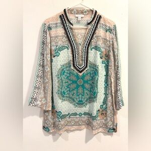 Charter Club Luxury  100% Rayon Beaded V-Neck Gypsy Tunic Top Boho Size Small